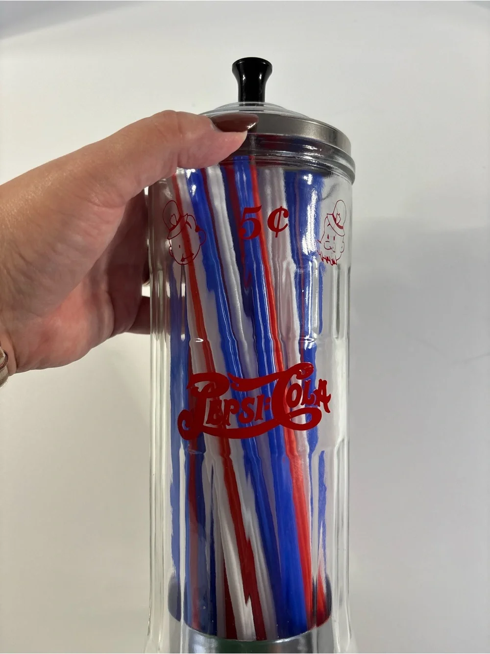 Vintage Pepsi Cola 5 Cents Soda Fountain Glass Straw Dispenser Holder